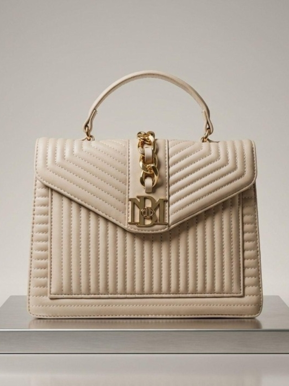 Badgley Mischka Quilted Top-Handle Mini Bag in Cream with Gold Hardware